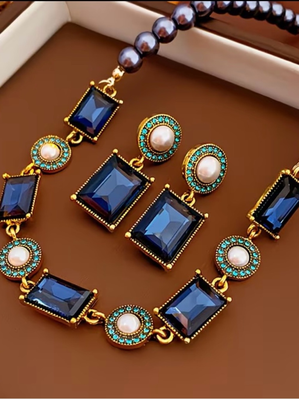 Gold-Tone Navy Crystal & Pearl Necklace and Earrings Set
